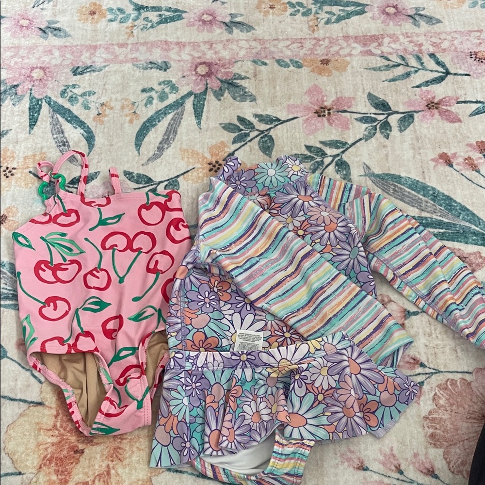 Girls' Pink Cherry One-Piece Swimsuit & Floral Ruffle Rash Guard Set